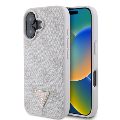Apple iPhone 16 Kılıf Guess Orjinal Lisanslı PU Deri Taşlı Üçgen Logo 4G Desenli Strass Kapak