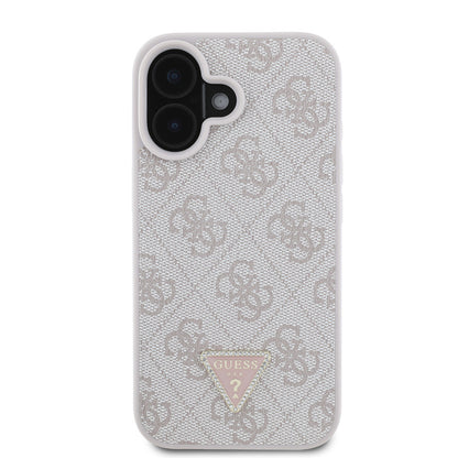 Apple iPhone 16 Kılıf Guess Orjinal Lisanslı PU Deri Taşlı Üçgen Logo 4G Desenli Strass Kapak