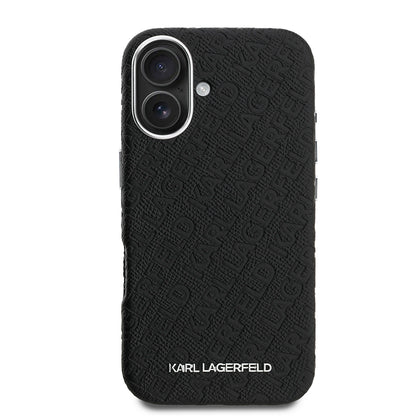 Apple iPhone 16 Kılıf Karl Lagerfeld Orjinal Lisanslı PU Deri Damgalı Metal Yazı Logolu Kapak