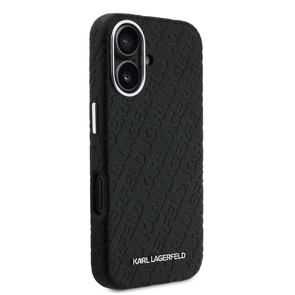 Apple iPhone 16 Kılıf Karl Lagerfeld Orjinal Lisanslı PU Deri Damgalı Metal Yazı Logolu Kapak