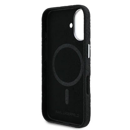 Apple iPhone 16 Kılıf Karl Lagerfeld Orjinal Lisanslı PU Deri Damgalı Metal Yazı Logolu Kapak