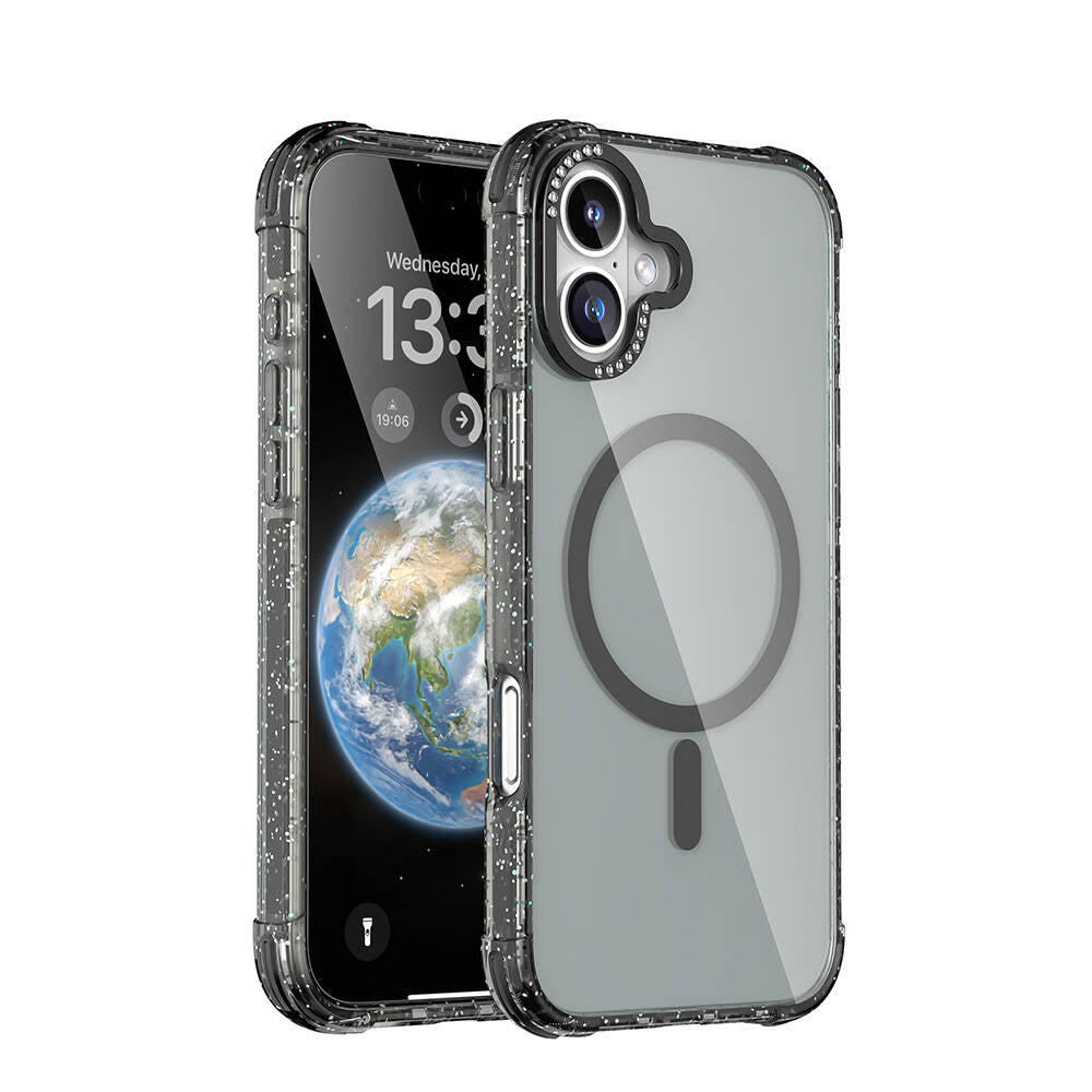 Apple iPhone 16 Kılıf M-safe Şarj Özellikli Taşlı ve Simli Tasarım Mutural Blink Kapak