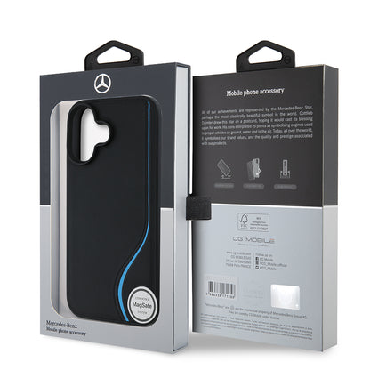 Apple iPhone 16 Kılıf Mercedes Benz Orjinal Lisanslı M-safe Şarj Özellikli 3D Metal Logolu Mavi Dikey Eğri Çizgili Deri Kapak