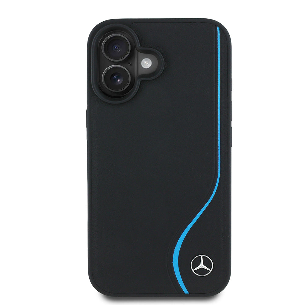 Apple iPhone 16 Kılıf Mercedes Benz Orjinal Lisanslı M-safe Şarj Özellikli 3D Metal Logolu Mavi Dikey Eğri Çizgili Deri Kapak