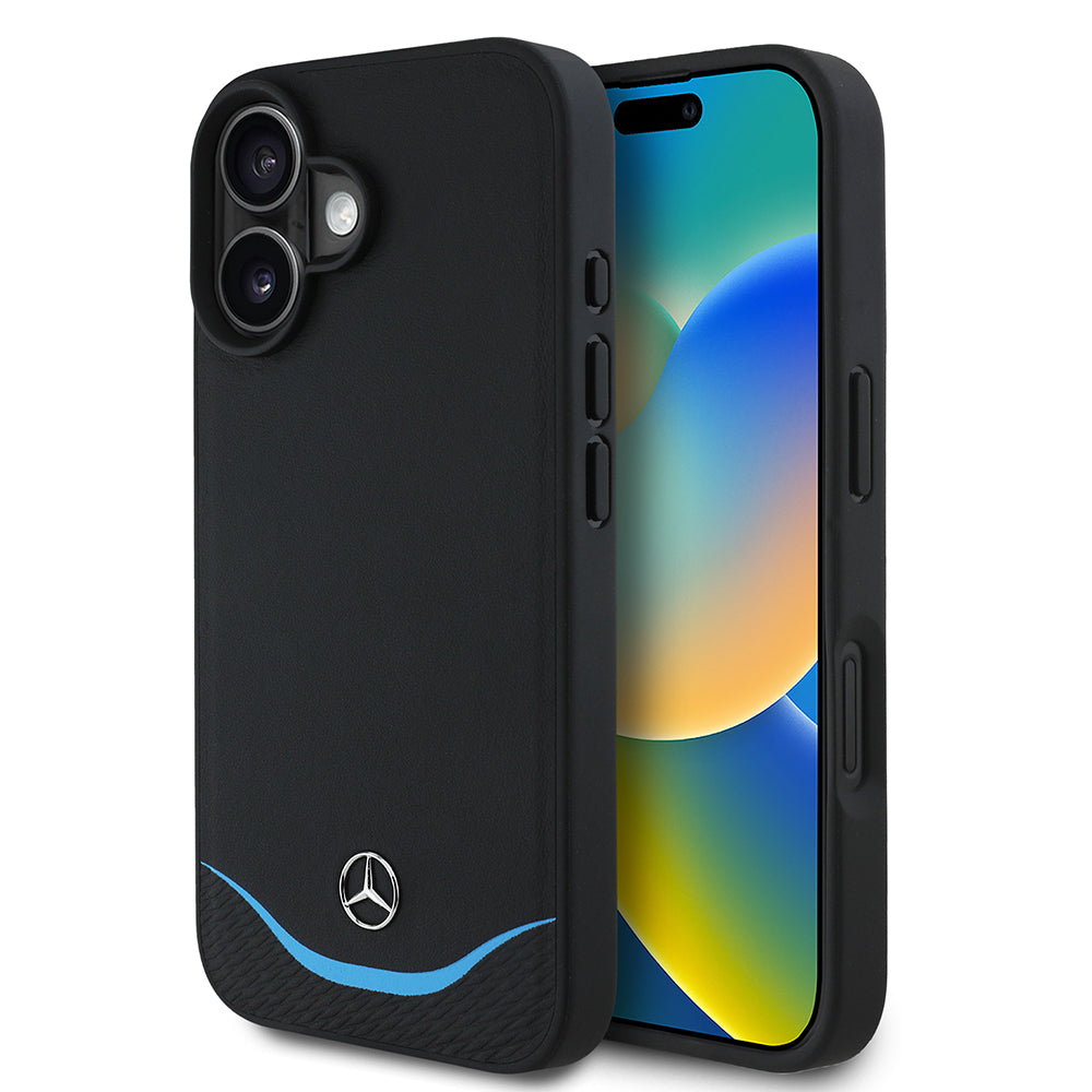 Apple iPhone 16 Kılıf Mercedes Benz Orjinal Lisanslı M-safe Şarj Özellikli 3D Metal Logolu Mavi Yatay Eğri Çizgili Deri Kapak