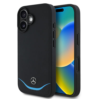 Apple iPhone 16 Kılıf Mercedes Benz Orjinal Lisanslı M-safe Şarj Özellikli 3D Metal Logolu Mavi Yatay Eğri Çizgili Deri Kapak