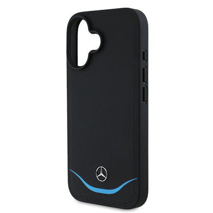 Apple iPhone 16 Kılıf Mercedes Benz Orjinal Lisanslı M-safe Şarj Özellikli 3D Metal Logolu Mavi Yatay Eğri Çizgili Deri Kapak