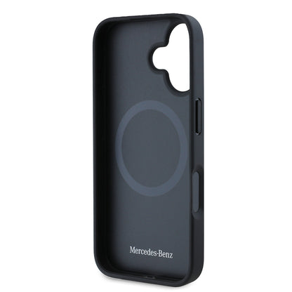Apple iPhone 16 Kılıf Mercedes Benz Orjinal Lisanslı M-safe Şarj Özellikli 3D Metal Logolu Mavi Yatay Eğri Çizgili Deri Kapak