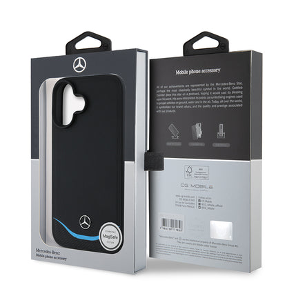 Apple iPhone 16 Kılıf Mercedes Benz Orjinal Lisanslı M-safe Şarj Özellikli 3D Metal Logolu Mavi Yatay Eğri Çizgili Deri Kapak