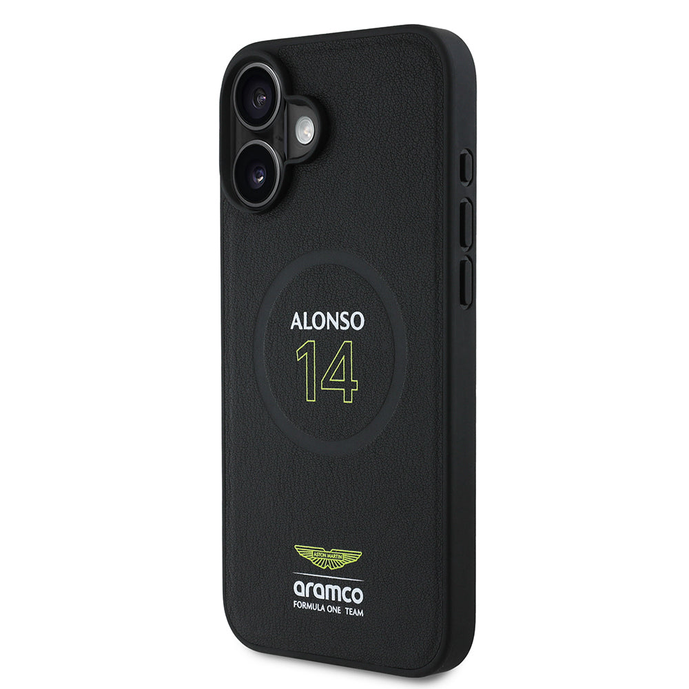 Apple iPhone 16 Plus Kılıf Aston Martin Orjinal Lisanslı M-safe Şarj Özellikli PU Deri Alonso 14 Baskılı Kapak
