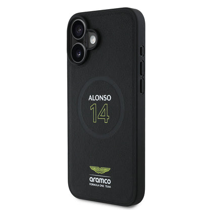 Apple iPhone 16 Plus Kılıf Aston Martin Orjinal Lisanslı M-safe Şarj Özellikli PU Deri Alonso 14 Baskılı Kapak