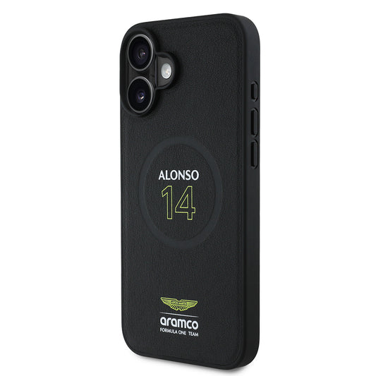 Apple iPhone 16 Plus Kılıf Aston Martin Orjinal Lisanslı M-safe Şarj Özellikli PU Deri Alonso 14 Baskılı Kapak