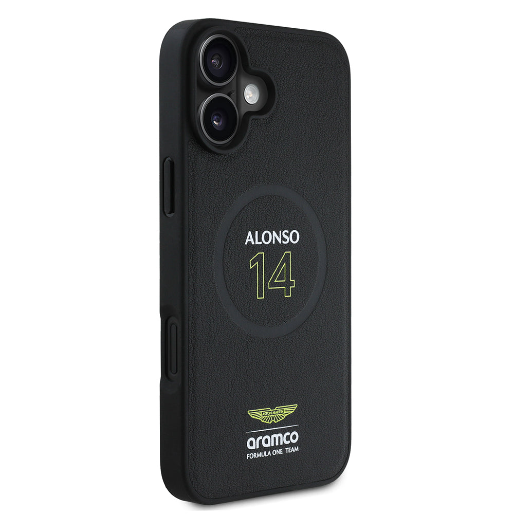 Apple iPhone 16 Plus Kılıf Aston Martin Orjinal Lisanslı M-safe Şarj Özellikli PU Deri Alonso 14 Baskılı Kapak