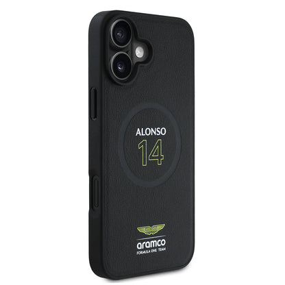 Apple iPhone 16 Plus Kılıf Aston Martin Orjinal Lisanslı M-safe Şarj Özellikli PU Deri Alonso 14 Baskılı Kapak