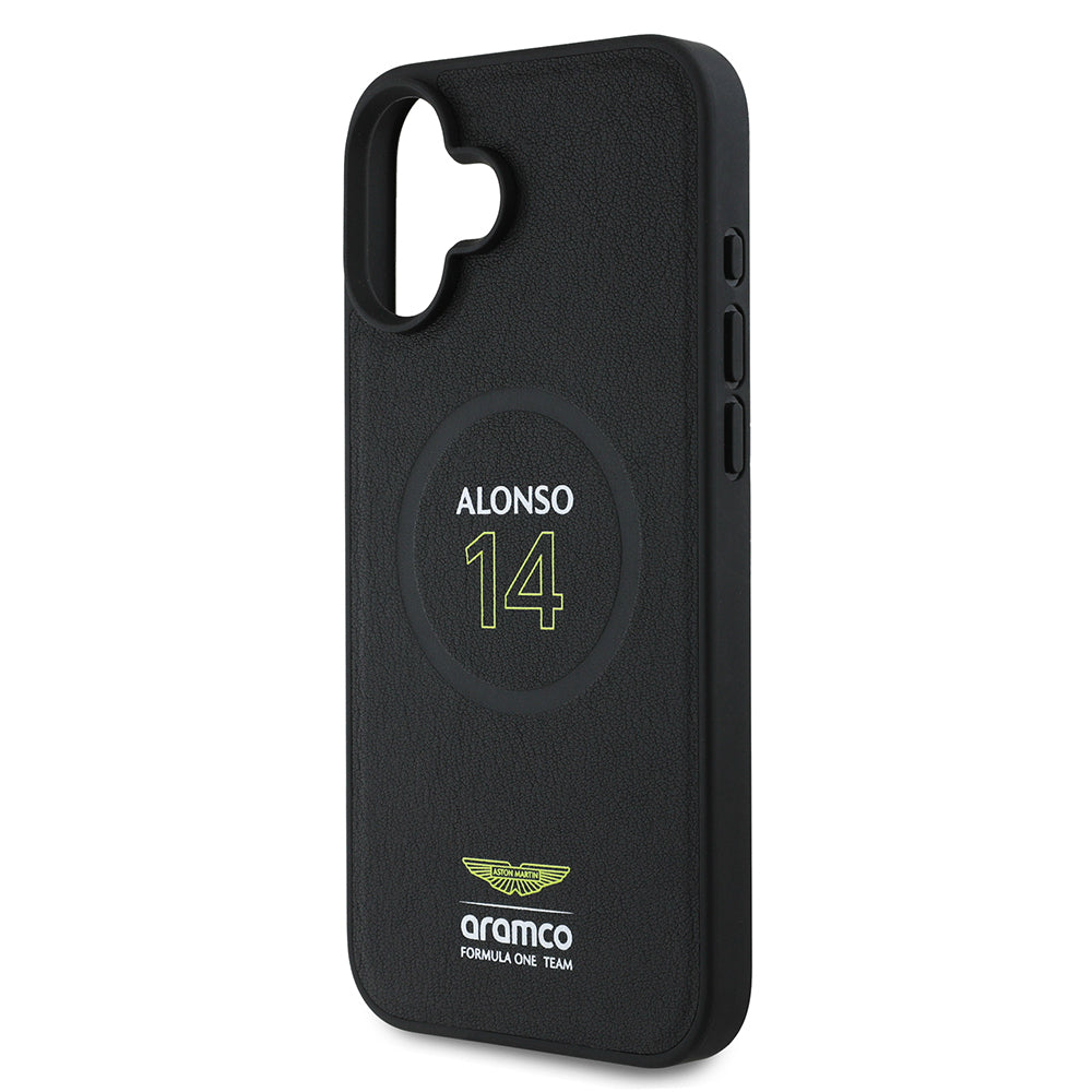Apple iPhone 16 Plus Kılıf Aston Martin Orjinal Lisanslı M-safe Şarj Özellikli PU Deri Alonso 14 Baskılı Kapak