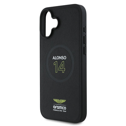 Apple iPhone 16 Plus Kılıf Aston Martin Orjinal Lisanslı M-safe Şarj Özellikli PU Deri Alonso 14 Baskılı Kapak
