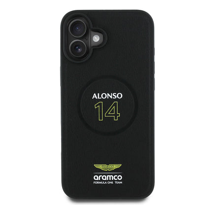 Apple iPhone 16 Plus Kılıf Aston Martin Orjinal Lisanslı M-safe Şarj Özellikli PU Deri Alonso 14 Baskılı Kapak