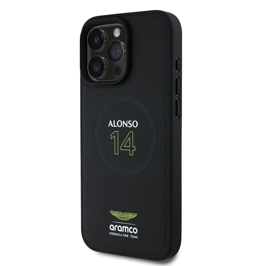 Apple iPhone 16 Pro Kılıf Aston Martin Orjinal Lisanslı M-safe Şarj Özellikli PU Deri Alonso 14 Baskılı Kapak