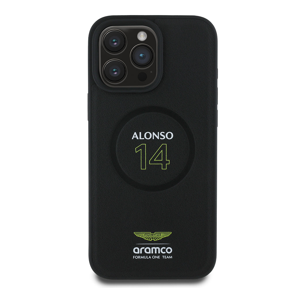 Apple iPhone 16 Pro Kılıf Aston Martin Orjinal Lisanslı M-safe Şarj Özellikli PU Deri Alonso 14 Baskılı Kapak