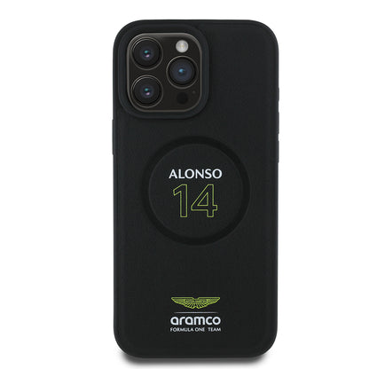 Apple iPhone 16 Pro Kılıf Aston Martin Orjinal Lisanslı M-safe Şarj Özellikli PU Deri Alonso 14 Baskılı Kapak