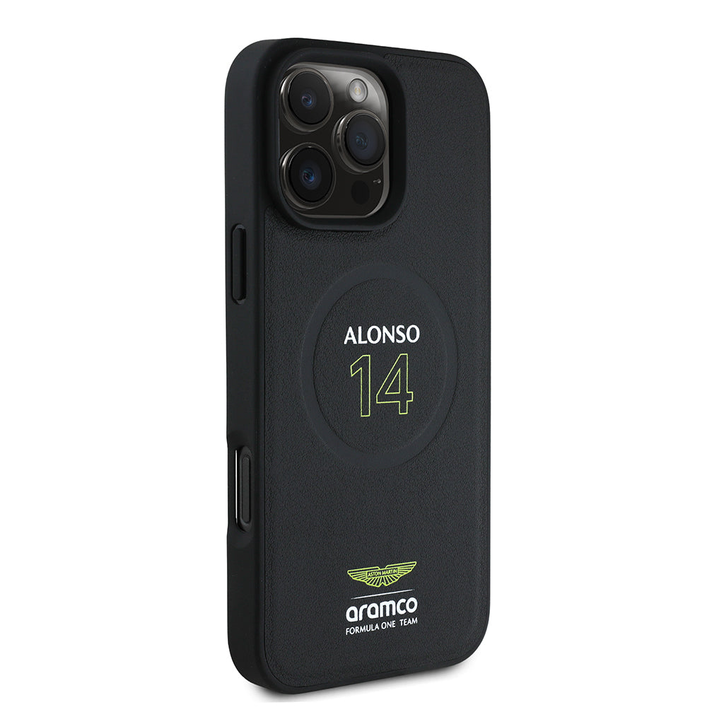 Apple iPhone 16 Pro Kılıf Aston Martin Orjinal Lisanslı M-safe Şarj Özellikli PU Deri Alonso 14 Baskılı Kapak