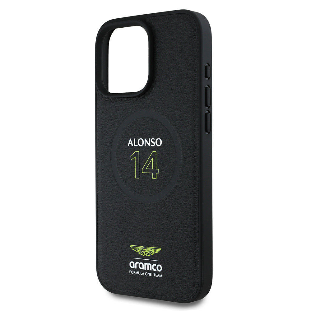 Apple iPhone 16 Pro Kılıf Aston Martin Orjinal Lisanslı M-safe Şarj Özellikli PU Deri Alonso 14 Baskılı Kapak