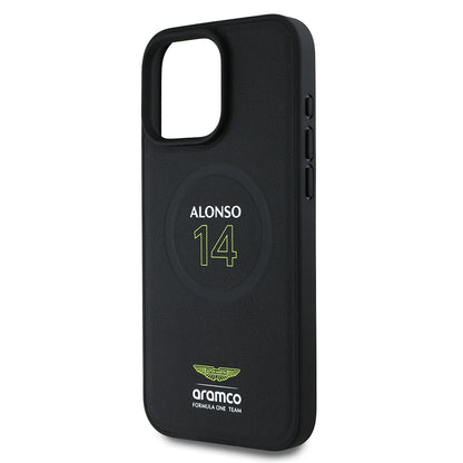 Apple iPhone 16 Pro Kılıf Aston Martin Orjinal Lisanslı M-safe Şarj Özellikli PU Deri Alonso 14 Baskılı Kapak