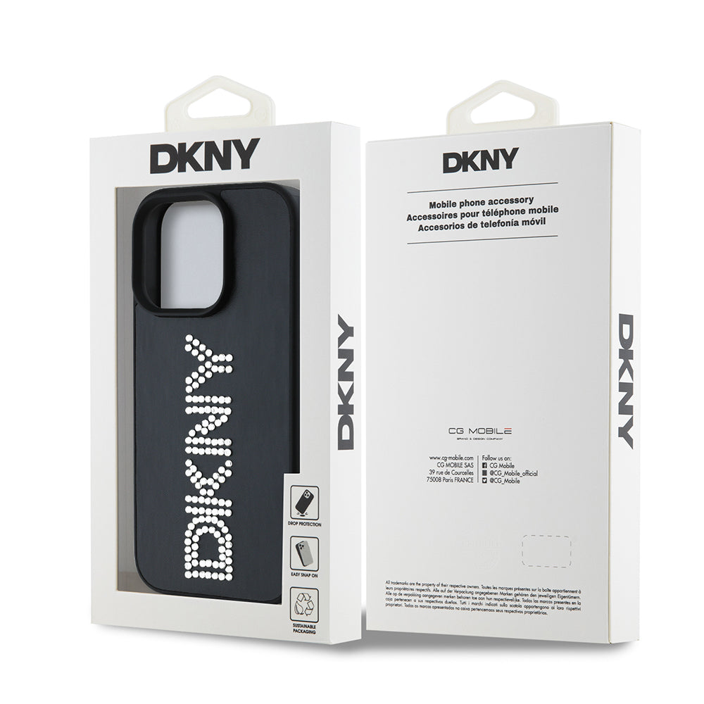 Apple iPhone 16 Pro Kılıf DKNY Orjinal Lisanslı Taşlı DKNY Yazılı Metalik Rhinestones PU Deri Kapak