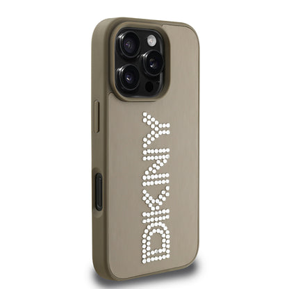 Apple iPhone 16 Pro Kılıf DKNY Orjinal Lisanslı Taşlı DKNY Yazılı Metalik Rhinestones PU Deri Kapak