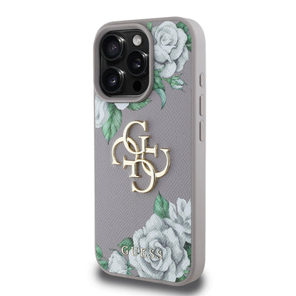 Apple iPhone 16 Pro Kılıf Guess Orjinal Lisanslı Gül Baskılı Büyük Metal Logo Dizaynlı Kapak
