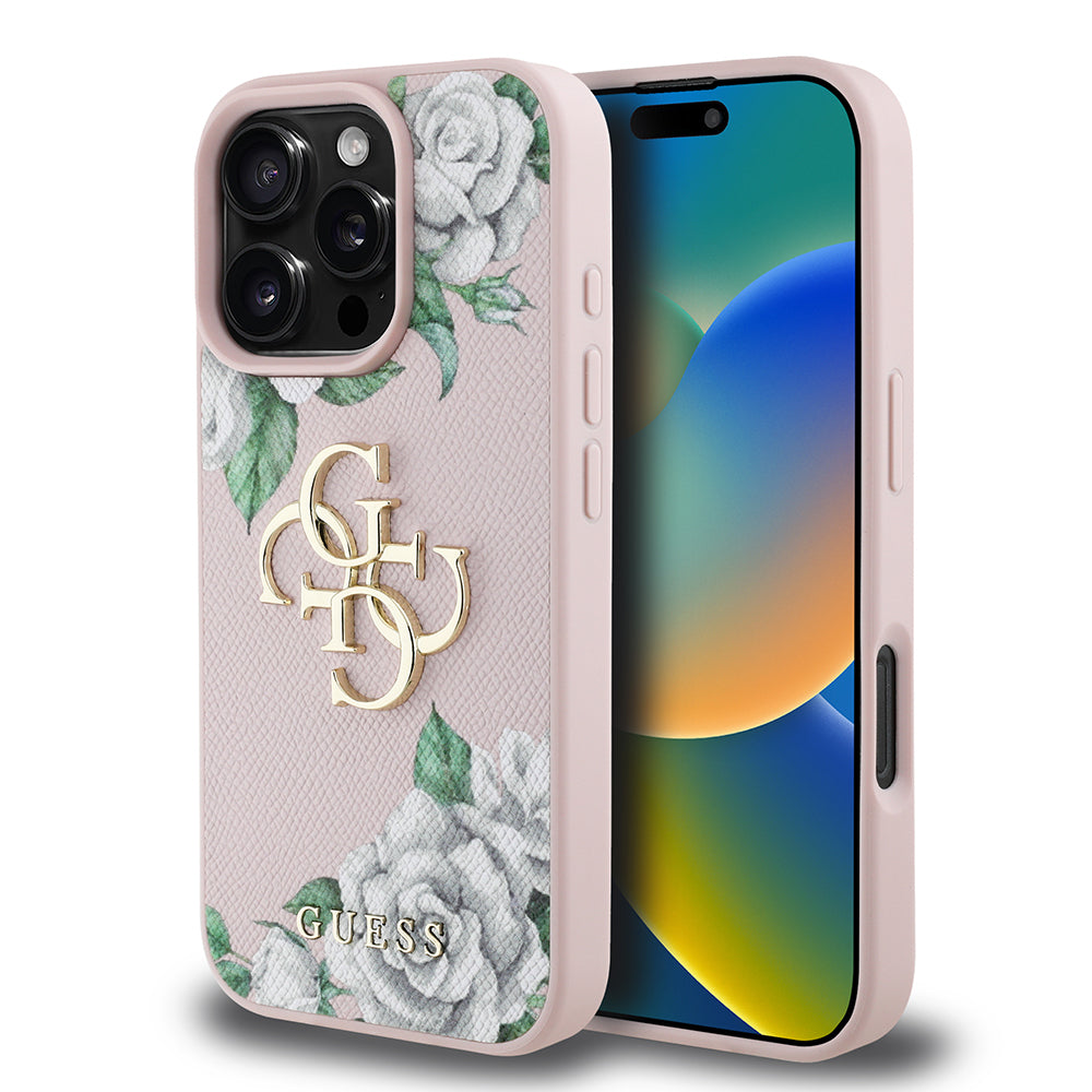 Apple iPhone 16 Pro Kılıf Guess Orjinal Lisanslı Gül Baskılı Büyük Metal Logo Dizaynlı Kapak