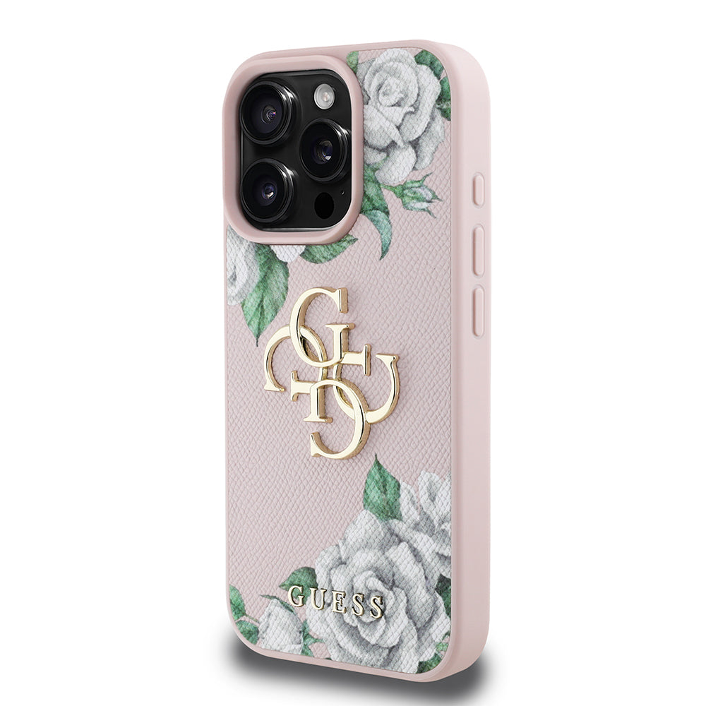 Apple iPhone 16 Pro Kılıf Guess Orjinal Lisanslı Gül Baskılı Büyük Metal Logo Dizaynlı Kapak