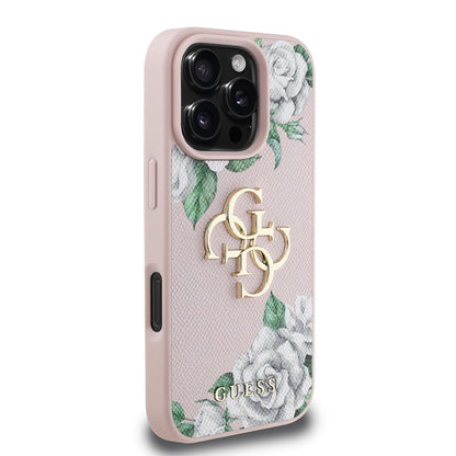 Apple iPhone 16 Pro Kılıf Guess Orjinal Lisanslı Gül Baskılı Büyük Metal Logo Dizaynlı Kapak
