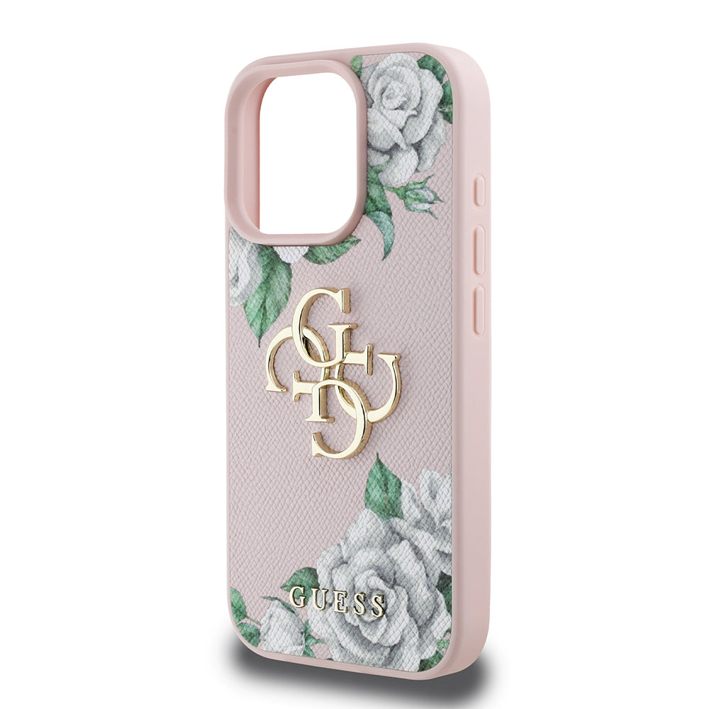 Apple iPhone 16 Pro Kılıf Guess Orjinal Lisanslı Gül Baskılı Büyük Metal Logo Dizaynlı Kapak