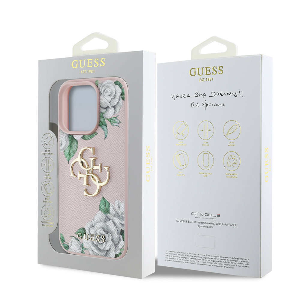 Apple iPhone 16 Pro Kılıf Guess Orjinal Lisanslı Gül Baskılı Büyük Metal Logo Dizaynlı Kapak