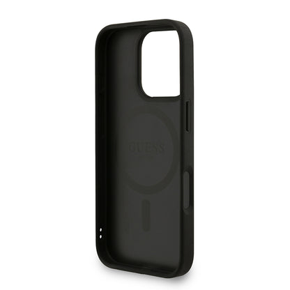 Apple iPhone 16 Pro Kılıf Guess Orjinal Lisanslı M-safe Şarj Özellikli PU Deri Bilek Askı İpli Yazı Logolu Kapak