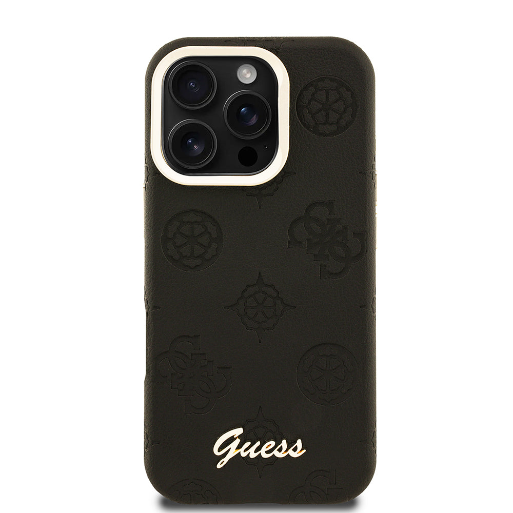 Apple iPhone 16 Pro Kılıf Guess Orjinal Lisanslı M-safe Şarj Özellikli Sıcak Baskılı Yazı Logolu Kamera Standlı PU Deri Peony Kapak