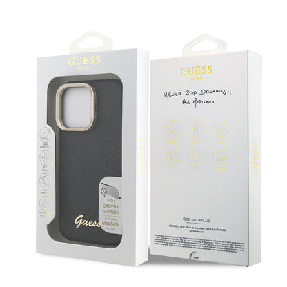 Apple iPhone 16 Pro Kılıf Guess Orjinal Lisanslı M-safe Şarj Özellikli Sıcak Baskılı Yazı Logolu Kamera Standlı PU Deri Peony Kapak