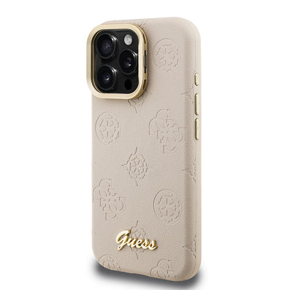 Apple iPhone 16 Pro Kılıf Guess Orjinal Lisanslı M-safe Şarj Özellikli Sıcak Baskılı Yazı Logolu Kamera Standlı PU Deri Peony Kapak