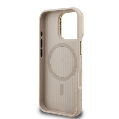 Apple iPhone 16 Pro Kılıf Guess Orjinal Lisanslı M-safe Şarj Özellikli Sıcak Baskılı Yazı Logolu Kamera Standlı PU Deri Peony Kapak