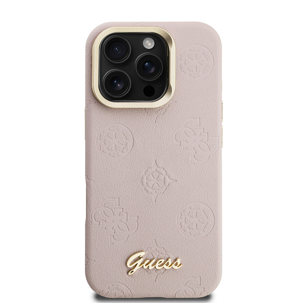 Apple iPhone 16 Pro Kılıf Guess Orjinal Lisanslı M-safe Şarj Özellikli Sıcak Baskılı Yazı Logolu Kamera Standlı PU Deri Peony Kapak