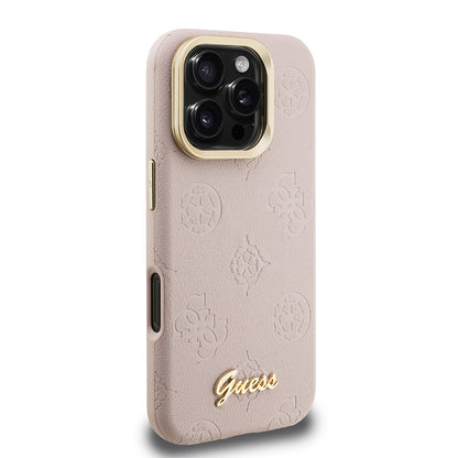 Apple iPhone 16 Pro Kılıf Guess Orjinal Lisanslı M-safe Şarj Özellikli Sıcak Baskılı Yazı Logolu Kamera Standlı PU Deri Peony Kapak