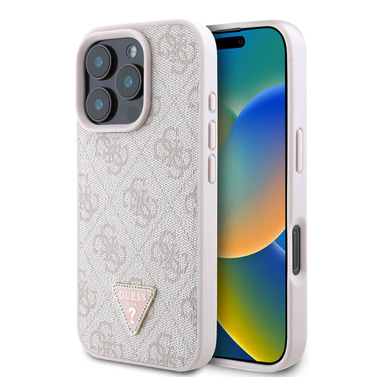 Apple iPhone 16 Pro Kılıf Guess Orjinal Lisanslı M-safe Şarj Özellikli PU Deri 4G Desenli Taşlı Üçgen Logolu Kapak