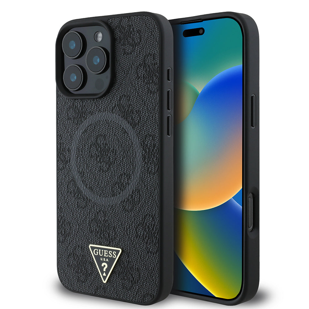 Apple iPhone 16 Pro Kılıf Guess Orjinal Lisanslı M-safe Şarj Özellikli PU Üçgen Logo 4G Desenli Kapak