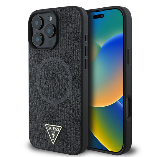 Apple iPhone 16 Pro Kılıf Guess Orjinal Lisanslı M-safe Şarj Özellikli PU Üçgen Logo 4G Desenli Kapak