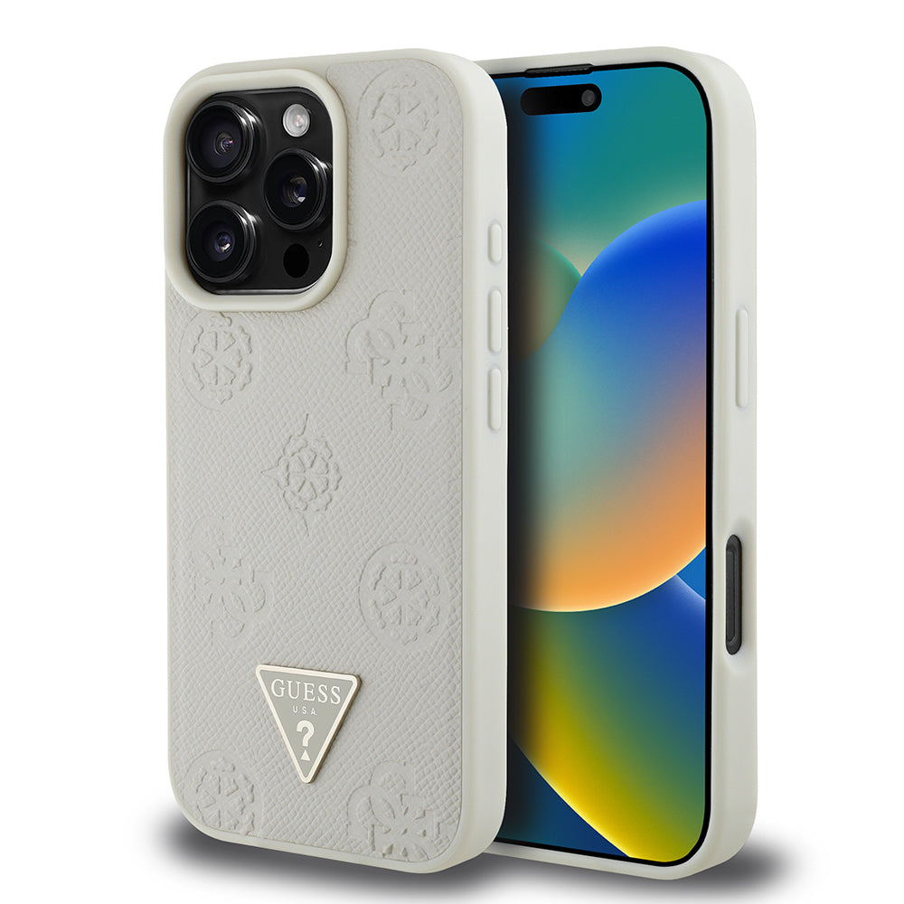 Apple iPhone 16 Pro Kılıf Guess Orjinal Lisanslı M-safe Şarj Özellikli Sıcak Baskılı Üçgen Logolu PU Deri Peony Kapak
