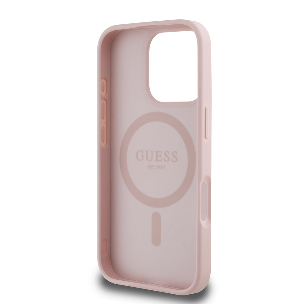 Apple iPhone 16 Pro Kılıf Guess Orjinal Lisanslı M-safe Şarj Özellikli Sıcak Baskılı Üçgen Logolu PU Deri Peony Kapak