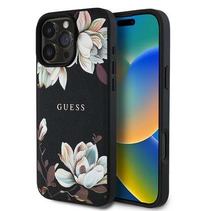Apple iPhone 16 Pro Kılıf Guess Orjinal Lisanslı M-safe Şarj Özellikli Taneli Çiçek Tasarımlı Metal Yazı Logolu Kapak