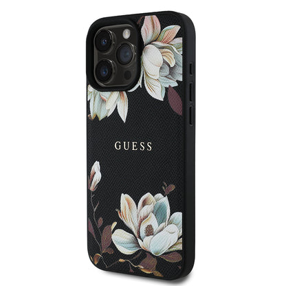 Apple iPhone 16 Pro Kılıf Guess Orjinal Lisanslı M-safe Şarj Özellikli Taneli Çiçek Tasarımlı Metal Yazı Logolu Kapak