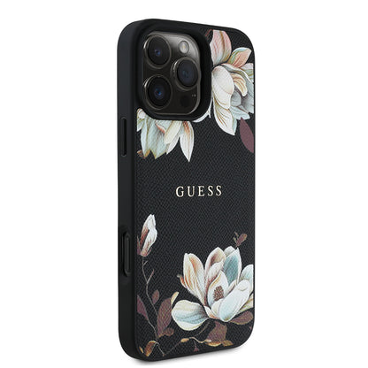 Apple iPhone 16 Pro Kılıf Guess Orjinal Lisanslı M-safe Şarj Özellikli Taneli Çiçek Tasarımlı Metal Yazı Logolu Kapak